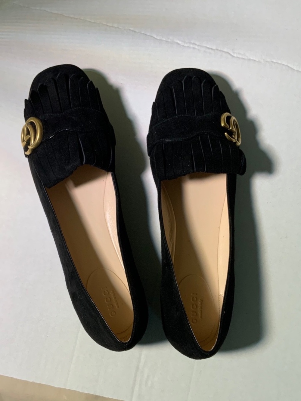 NEW GUCCI LOGO BLACK SUEDE FLAT LOAFERS